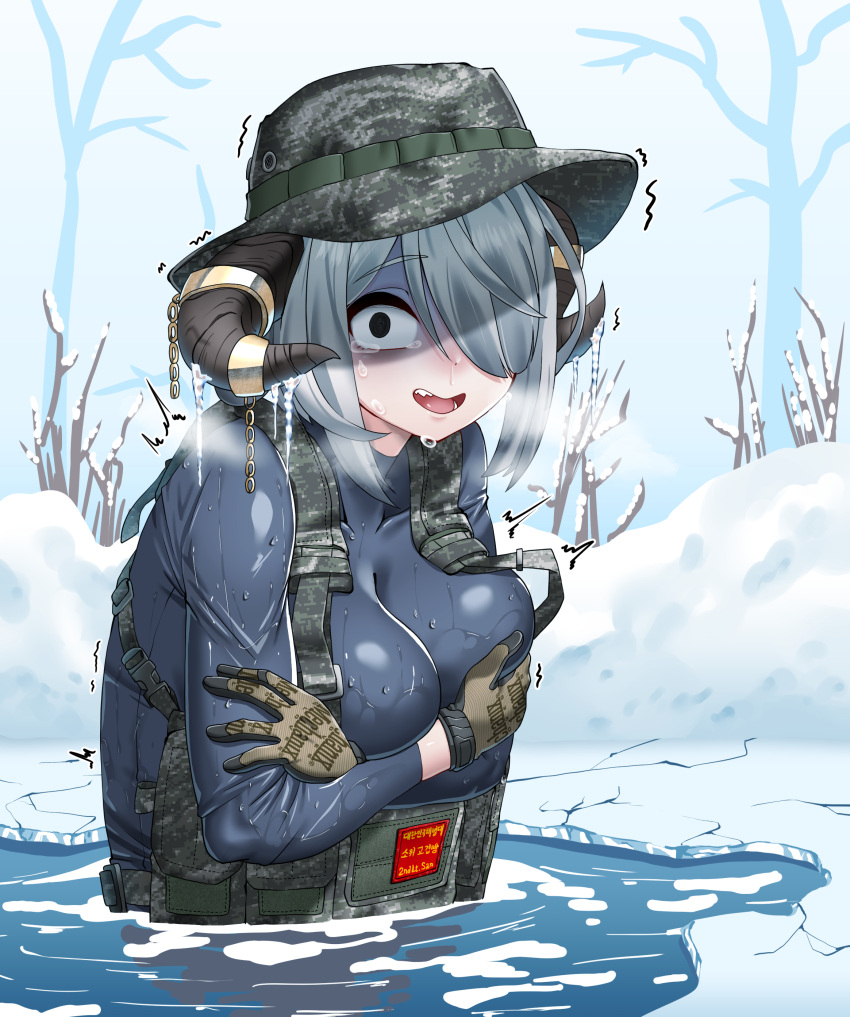 1girl absurdres bare_tree black_eyes blue_bodysuit blue_hair blue_wetsuit body_armor bodysuit boonie_hat breasts breath brown_gloves chain cold crying diving_suit gloves hair_over_one_eye hat highres horns kirochef korean_text large_breasts looking_at_viewer medium_hair military military_hat open_mouth original partially_submerged republic_of_korea_army sharp_teeth smile snap-fit_buckle snot snow solo teeth tree trembling upper_body wetsuit winter