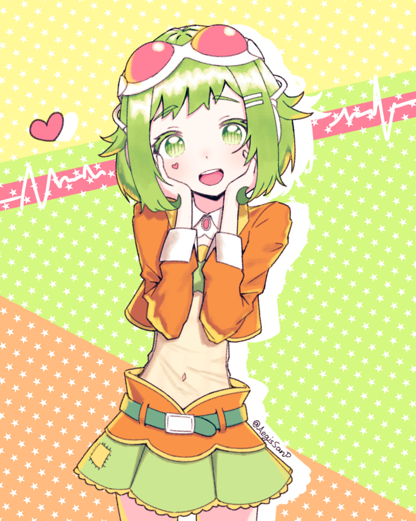 1girl aegissanp belt blush brooch cardiogram cowboy_shot crop_top facial_mark goggles goggles_on_head green_eyes green_hair gumi hands_on_own_cheeks hands_on_own_face heart heart_facial_mark highres jewelry navel open_mouth short_hair skirt smile solo star_(symbol) starry_background vocaloid