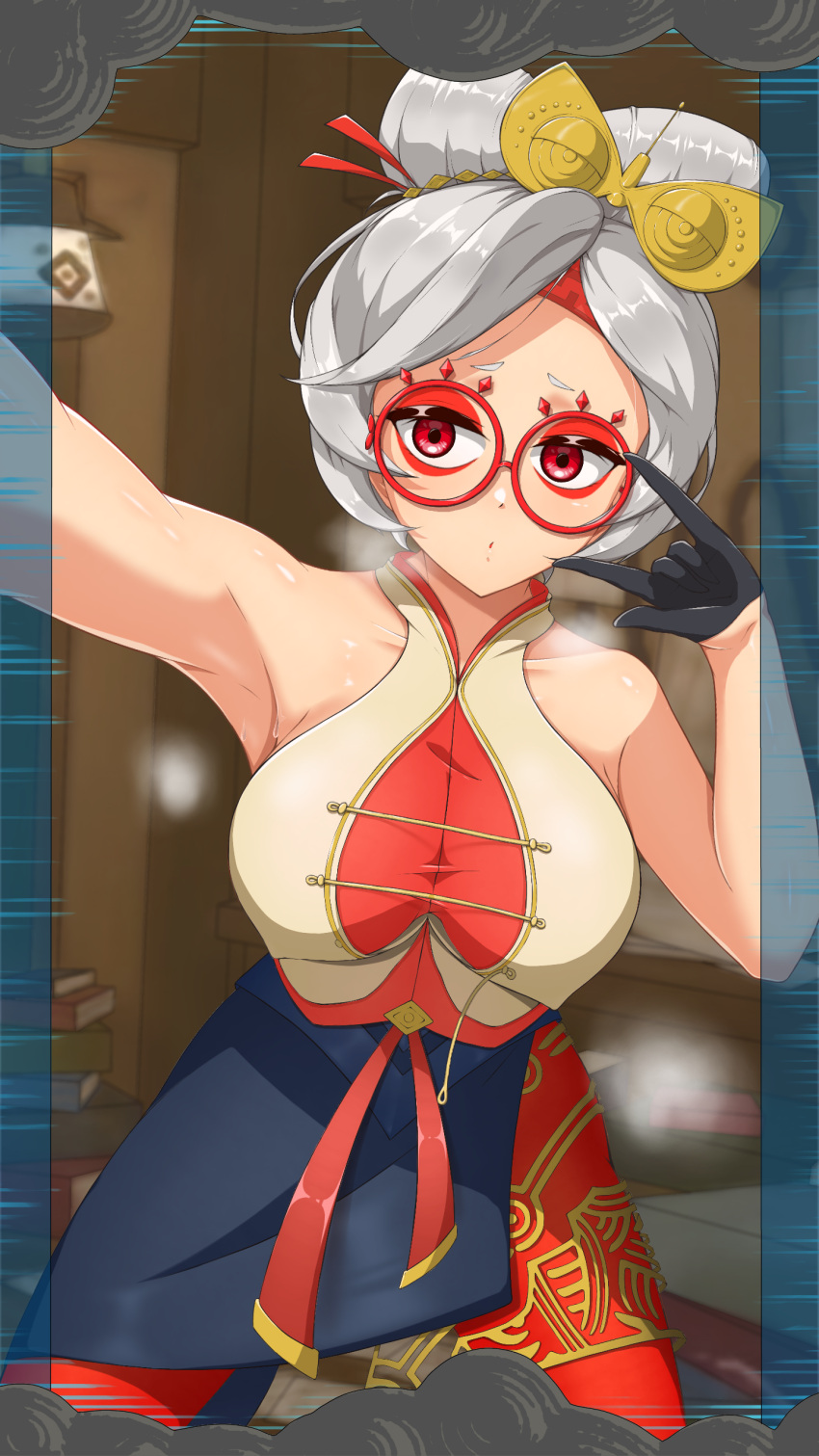 1girl \m/ absurdres bito_maza18 black_gloves breasts commentary_request eyeshadow eyewear_on_head gloves grey_hair hair_ornament hair_stick half_gloves hands_up highres indoors large_breasts leaning_forward looking_to_the_side makeup pantyhose puckered_lips purah red-framed_eyewear red_eyes red_eyeshadow red_pantyhose round_eyewear selfie shirt short_hair sleeveless sleeveless_shirt solo the_legend_of_zelda the_legend_of_zelda:_tears_of_the_kingdom updo white_shirt