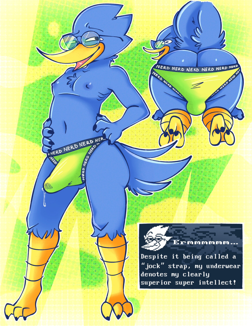 3_toes 4_fingers abstract_background all_fours anthro avian avian_feet backsack balls beak berdly big_bulge big_butt bird blue_body blue_feathers bodily_fluids bubble_butt bulge butt chest_tuft claws clothed clothing cutaway deltarune dialogue dripping english_text erection erection_under_clothing eyebrows eyewear feather_tuft feathers feet fingers fluffy fluffy_tail front_view genital_fluids genitals glasses grin hand_on_hip hi_res jockstrap jockstrap_only looking_at_viewer looking_back male multiple_poses narrowed_eyes navel nipples open_beak open_mouth open_smile outline penis pose precum precum_drip precum_through_clothing precum_through_underwear presenting presenting_hindquarters raised_eyebrow rear_view salamikii skinny smile smug solo standing tail tail_feathers talons text text_box text_on_clothing text_on_jockstrap text_on_underwear toe_curl toes topless tuft undertale_(series) underwear underwear_only uniball wet wet_clothing white_outline yellow_beak