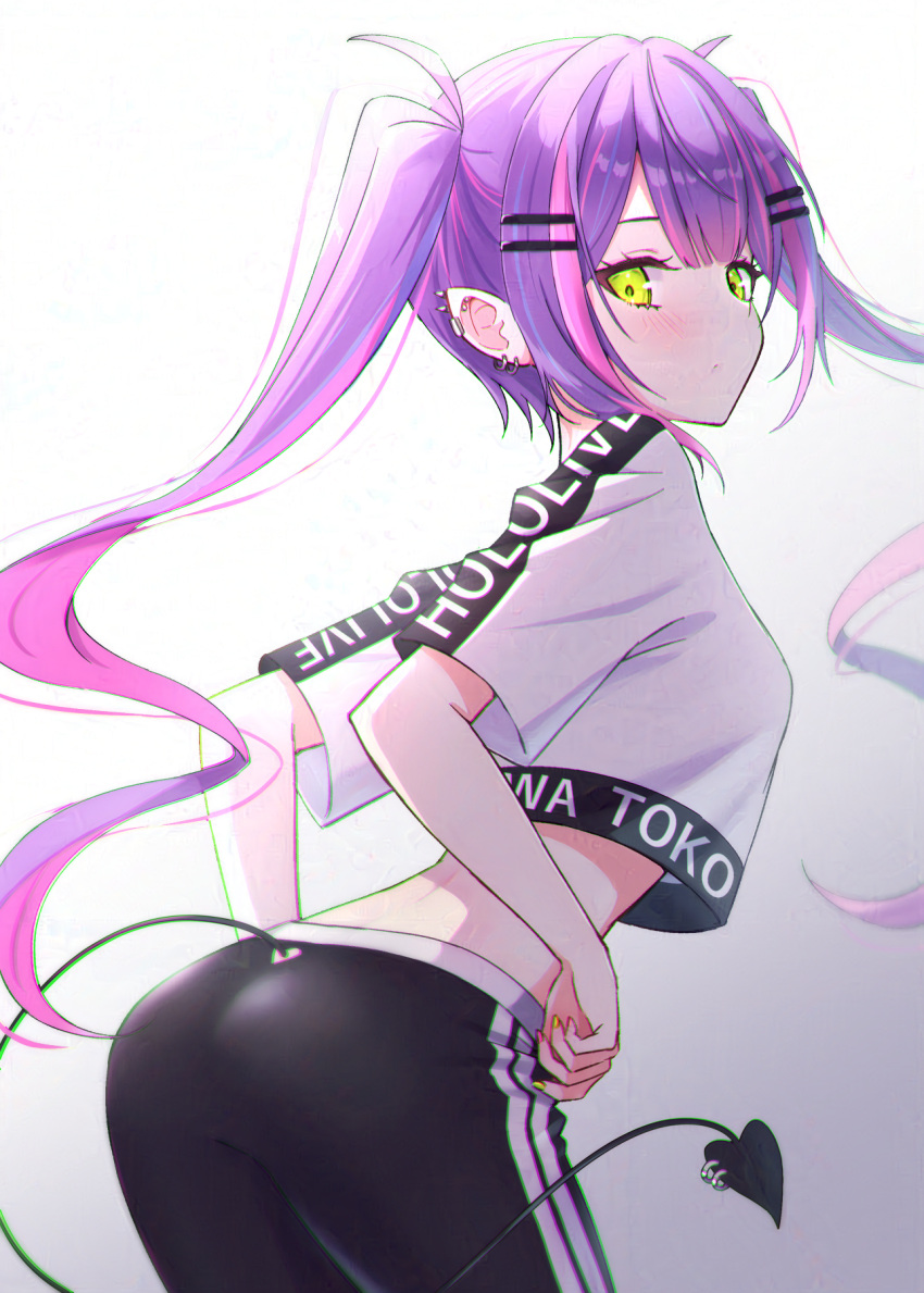 1girl ass black_pants blush breasts crop_top crop_top_overhang demon_girl demon_tail ear_piercing green_eyes hair_ornament hairpin highres hololive hololive_dance_practice_uniform long_hair medium_breasts multicolored_hair multicolored_nails nail_polish official_alternate_costume pants piercing pink_hair pink_nails pointy_ears purple_hair streaked_hair tail tail_ornament tail_piercing tokoyami_towa uni_(maru231) virtual_youtuber white_background yellow_nails yoga_pants