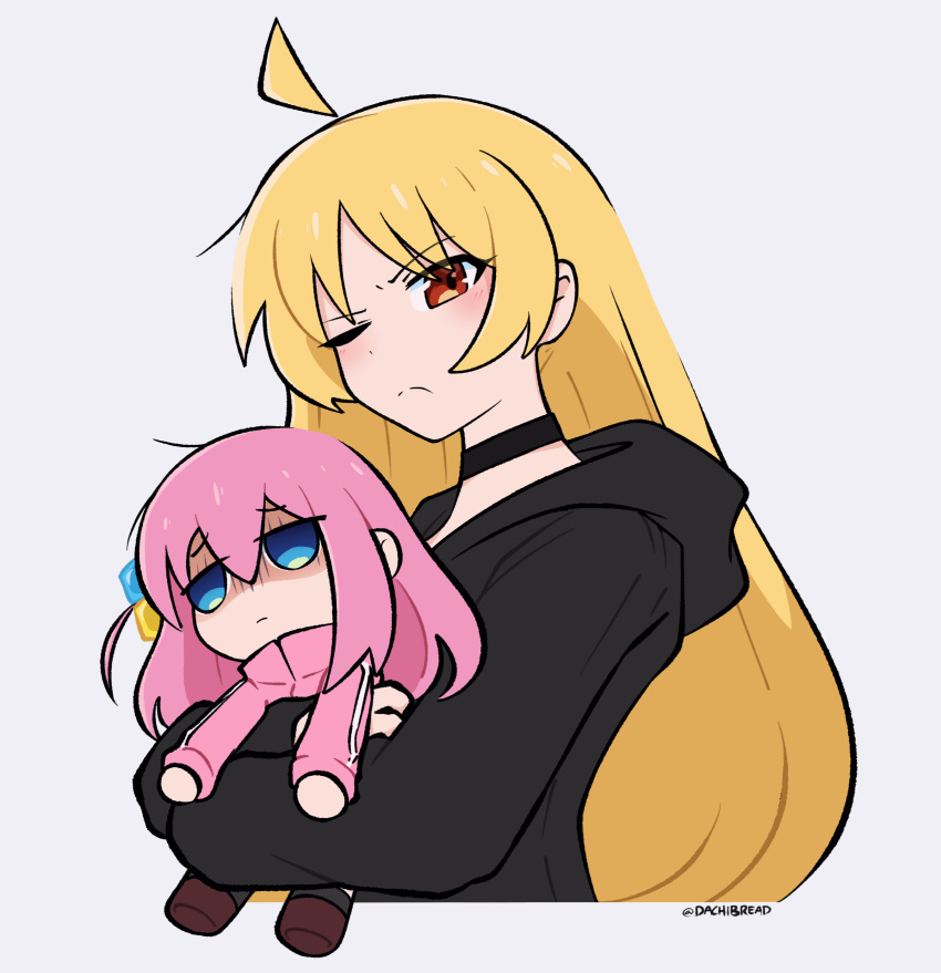 2girls absurdres ahoge angry black_choker black_hoodie black_socks blonde_hair blush bocchi_the_rock! brown_footwear chibi choker closed_mouth cropped_torso cube_hair_ornament dachibread gloom_(expression) gotoh_hitori hair_between_eyes hair_ornament highres hood hood_down hoodie hug ijichi_seika jacket long_hair long_sleeves mini_person minigirl multiple_girls one_eye_closed orange_eyes pink_hair pink_jacket sidelocks simple_background single_vertical_stripe socks split_mouth track_jacket tumblr_username upper_body v-shaped_eyebrows very_long_hair white_background