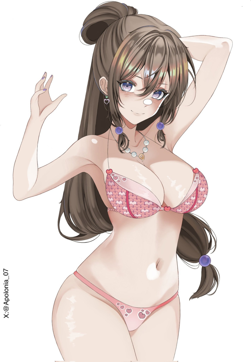 ace_attorney apolonia_07 breasts brown_hair highres jewelry lingerie long_hair magatama magatama_necklace maya_fey necklace solo underwear