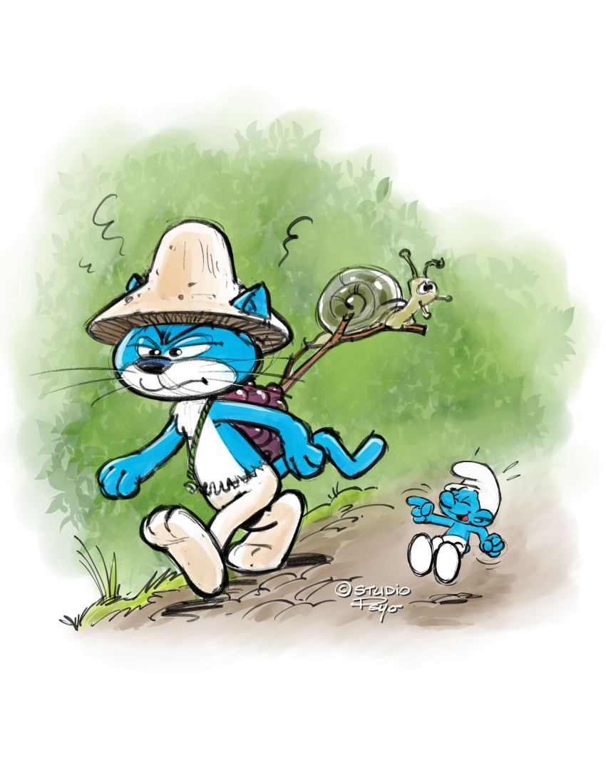 2boys azrael_(the_smurfs) blue_skin closed_eyes colored_skin english_text highres meme multiple_boys official_art open_mouth pants peyo_(style) phyrgian_cap pointing smurf smurf_cat_(meme) snail tail the_smurfs walking watermark white_headwear white_pants