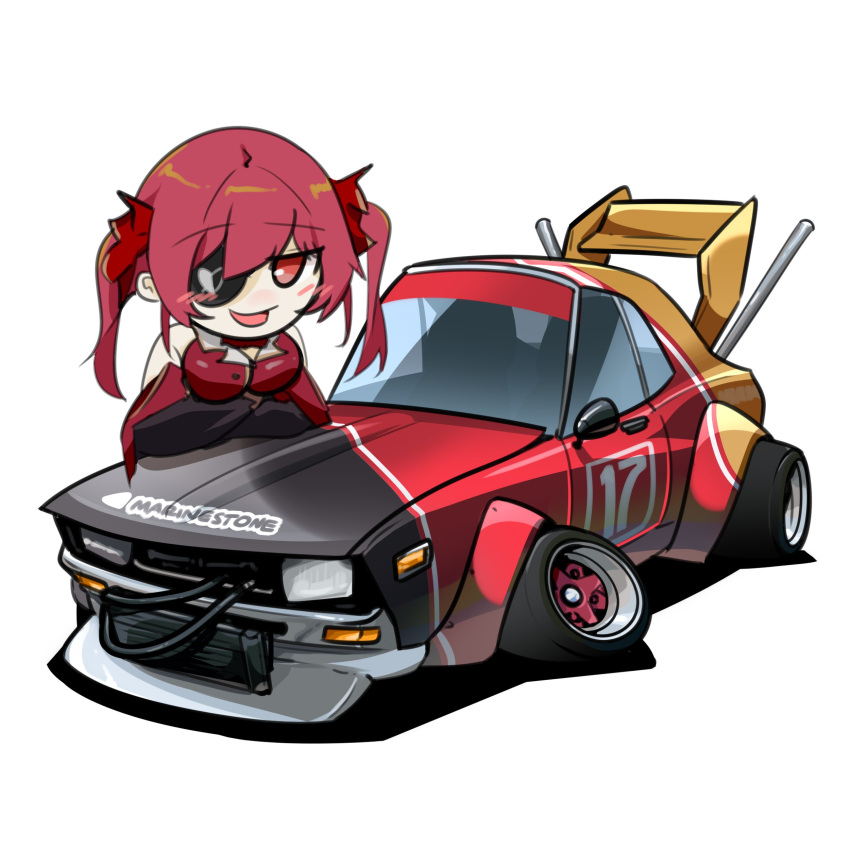 1girl absurdres blush breasts brown_eyes cable car chibi eyepatch hair_behind_ear hair_ribbon heart highres holeecrab hololive houshou_marine houshou_marine_(1st_costume) medium_breasts motor_vehicle muscle_car nissan_skyline nissan_skyline_c110 nissan_skyline_gt-r one_eye_covered open_mouth red_hair red_ribbon red_shirt ribbon shadow shirt skyline smile solo spoiler_(automobile) stance_(vehicle) twintails vehicle_focus virtual_youtuber white_background