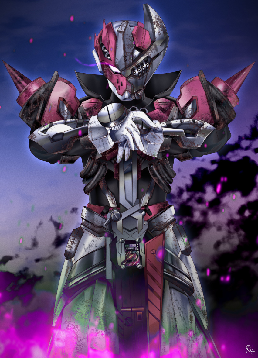 1boy absurdres asymmetrical_armor bolt fire gloves glowing glowing_eye glowing_smoke helmet highres holding holding_sword holding_weapon kamen_rider kamen_rider_gotchard_(series) male_focus pink_fire planted planted_sword power_armor purple_fire reiei_8 shoulder_spikes smoke spikes sword valarusher valvarad weapon white_gloves