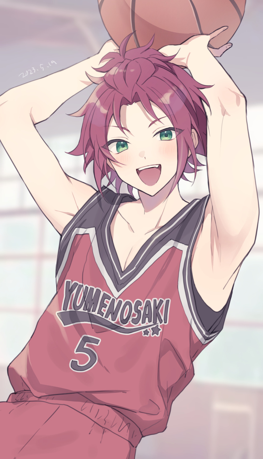 1boy absurdres basketball black_shirt blush ensemble_stars! green_eyes highres isara_mao looking_at_viewer male_focus pants red_hair red_pants red_shirt reijiro shirt short_hair smile solo tank_top teeth white_shirt