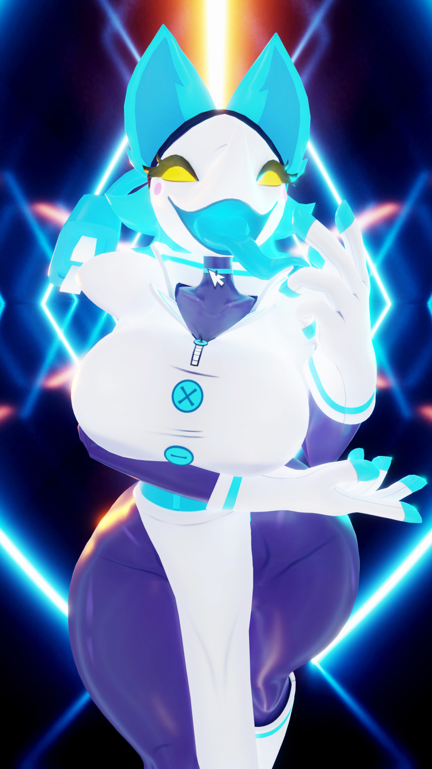 3d_(artwork) abstract_background absurd_res anthro arm_under_breasts big_breasts biped blender_(software) blender_cycles blue_body blue_fur bottomwear breasts cable_tail clothed clothing deltarune digital_media_(artwork) domestic_cat felid feline felis female fever-dreamer fur gloves glowing handwear hi_res high_collar holding_breast jacket loincloth looking_at_viewer machine mammal no_pupils one_eye_closed open_mouth robot skirt smile smiling_at_viewer solo tail tasque_(cryptiacurves) tasque_manager thick_thighs tongue tongue_out topwear undertale undertale_(series)