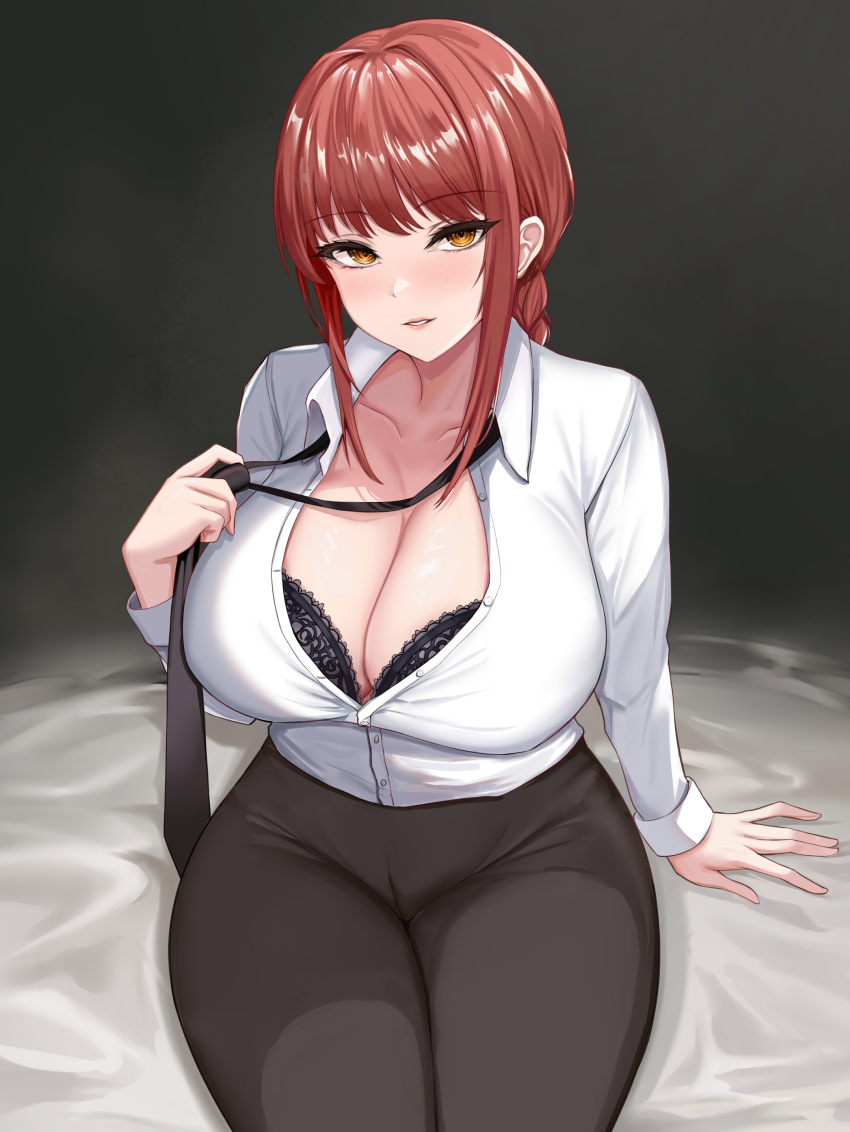 1girl absurdres akamashi black_necktie black_pants braid braided_ponytail breasts chainsaw_man collared_shirt formal high-waist_pants highres huge_breasts long_hair long_sleeves makima_(chainsaw_man) necktie office_lady pants partially_unbuttoned red_hair ringed_eyes shirt shirt_tucked_in sidelocks solo underwear white_shirt yellow_eyes