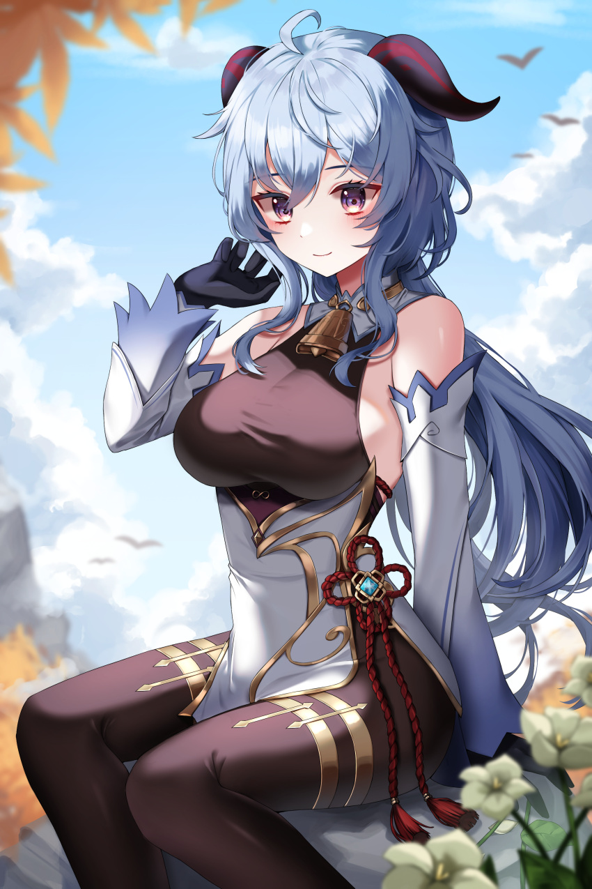 1girl absurdres ahoge bare_shoulders bell black_pantyhose blue_hair blush breasts chinese_knot detached_sleeves flower flower_knot ganyu_(genshin_impact) genshin_impact gold_trim highres horns long_hair looking_at_viewer medium_breasts neck_bell nq_(nnq_q) outdoors pantyhose purple_eyes qingxin_flower sidelocks sitting smile solo tassel thighlet vision_(genshin_impact) white_flower white_sleeves