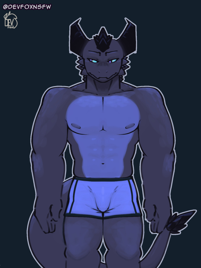 anthro blue_body blue_eyes boxers_(clothing) bulge clothing devfoxnsfw dragon front_view hi_res horn male mostly_nude muscular muscular_male nipples scalie simple_background solo standing tail underwear