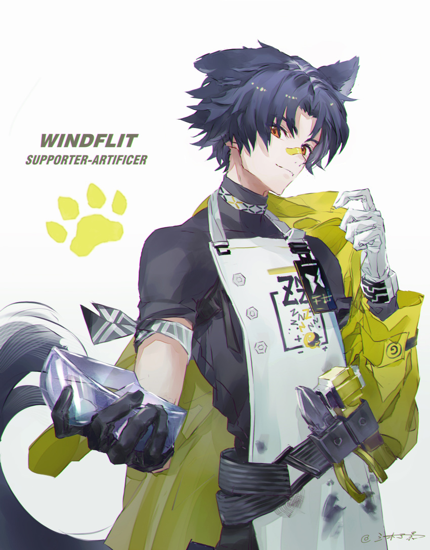 1boy absurdres animal_ears apron arknights armband artist_name asymmetrical_gloves bandaid bandaid_on_face bandaid_on_nose black_gloves black_shirt blue_hair character_name chinese_commentary coat collar commentary_request dirty dirty_clothes dog_boy dog_ears dog_tail floppy_ears gloves gradient_background grease_(mechanical) hammer highres holding_crystal id_card incoming_gift infection_monitor_(arknights) looking_at_viewer male_focus mismatched_gloves muzijing orange_eyes parted_hair shirt short_hair short_sleeves simple_background smile solo tail tool_belt unworn_coat upper_body white_apron white_background white_gloves windflit_(arknights) wire_cutters yellow_coat