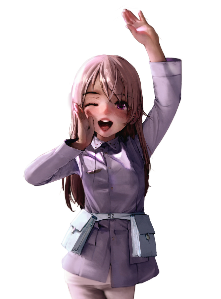 1girl absurdres blush diathorn eila_ilmatar_juutilainen highres long_hair looking_at_viewer military_uniform one_eye_closed open_mouth pantyhose purple_eyes shouting shouting_with_hands smile solo strike_witches transparent_background uniform waving white_hair white_pantyhose world_witches_series