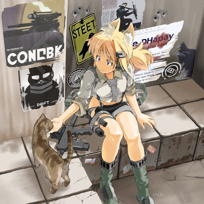 1girl animal_ears blonde_hair blue_eyes bullet_hole cat cat_ears cat_girl excel_(gewalt) girls'_frontline green_footwear grey_necktie gun highres idw_(girls'_frontline) necktie parker-hale_idw poster_(object) shirt sitting smile solo submachine_gun weapon white_shirt