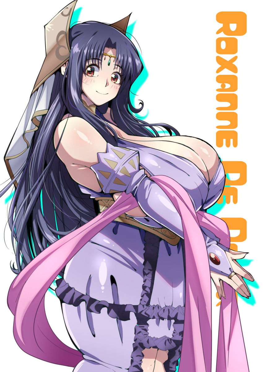 1girl black_hair blush breasts bridal_gauntlets character_name circlet cleavage commentary commentary_request cowboy_shot curvy detached_sleeves dress frilled_dress frills from_side gloves hair_ornament highres huge_breasts jewelry kyonyuu_fantasy long_hair looking_at_viewer parted_bangs purple_dress purple_gloves purple_hair rebasuto red_eyes roxanne_de_dejiiru shawl sideboob solo veil very_long_hair