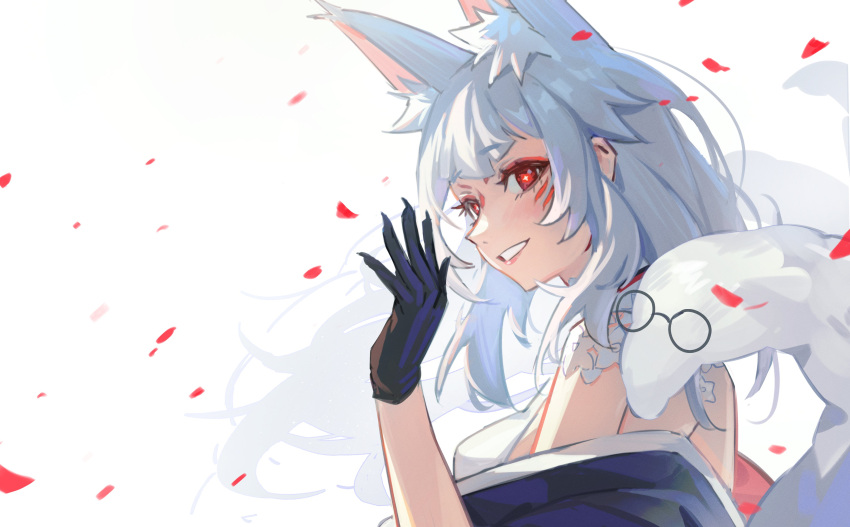 1girl absurdres animal_ear_fluff animal_ears black_gloves eyeshadow facial_mark fox_ears fox_girl gloves grey_hair highres long_hair makeup maplesights nijisanji nijisanji_en nina_kosaka petals red_eyes red_eyeshadow smile solo virtual_youtuber