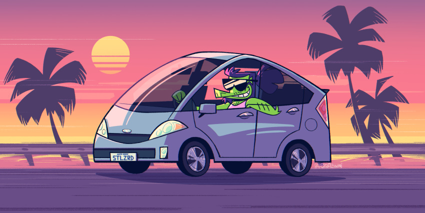 anthro beard body_hair car chest_hair clothed clothing driving evening eyewear eyewear_on_head facial_hair fur green_body green_fur hair hi_res inside_car lizard male motion_lines open_window outside palm_tree plant ponytail purple_hair reptile road scalie shirt sky smile solo stel_(stellizard) stellizard sun sunglasses sunglasses_on_head sunset synthwave tank_top text topwear toyota toyota_prius tree vehicle