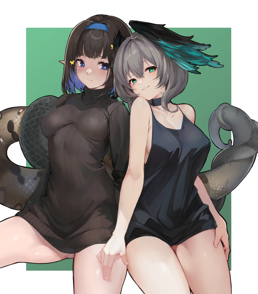 2girls absurdres arknights black_sweater black_tank_top blue_eyes blue_hair blue_hairband blush border breasts bright_pupils brown_hair butterfly_hair_ornament cleavage colored_inner_hair commission eunectes_(arknights) green_background green_eyes grey_hair hair_between_eyes hair_ornament hairband head_wings highres ho'olheyak_(arknights) idashige_(walkietalkie) impossible_clothes impossible_sweater intertwined_tails invisible_chair long_sleeves looking_at_viewer medium_breasts multicolored_hair multiple_girls outside_border pixiv_commission ribbed_sweater shirt short_hair simple_background sitting sleeveless sleeveless_shirt smile snake_tail spaghetti_strap sweater tail tank_top thighs turtleneck turtleneck_sweater two-tone_hair white_border white_pupils wings yuri