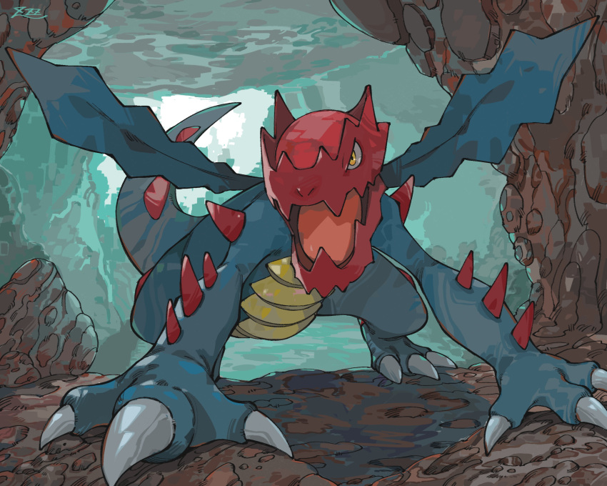 absurdres cave claws commentary_request druddigon fang full_body highres no_humans open_mouth oyasuminjyutsu pokemon pokemon_(creature) signature skin_fang solo spikes tongue yellow_eyes