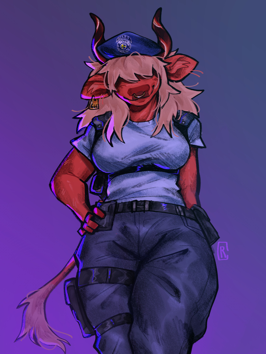 anthro beret big_breasts bovid bovine breasts capcom cattle clothing cosplay crockuddles crossover crossover_cosplay desdemona_(fortnite) epic_games facial_piercing female fluffy fluffy_ears fluffy_tail fortnite hair hair_over_eyes hat headgear headwear hi_res horn jill_valentine_(resident_evil) mammal muscular_thighs nose_piercing nose_ring piercing police_uniform resident_evil ring_piercing solo tactical_gear tail thick_thighs uniform
