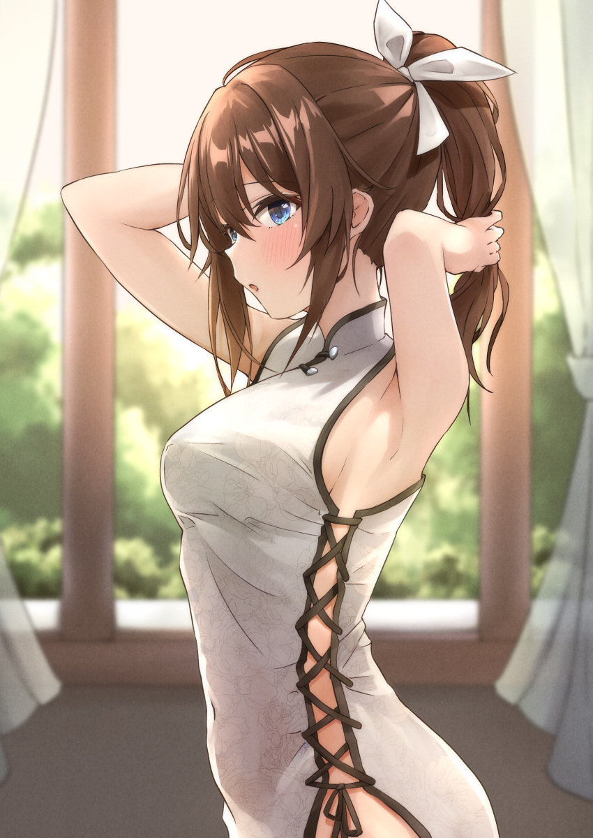 1girl :o absurdres adjusting_hair armpits arms_up b1ack_illust blue_eyes blurry blurry_background blush bow breasts brown_hair china_dress chinese_clothes covered_navel cross-laced_clothes dress floral_print hair_bow highres idolmaster idolmaster_million_live! indoors looking_at_viewer medium_breasts satake_minako sideways_glance sleeveless sleeveless_dress solo white_dress