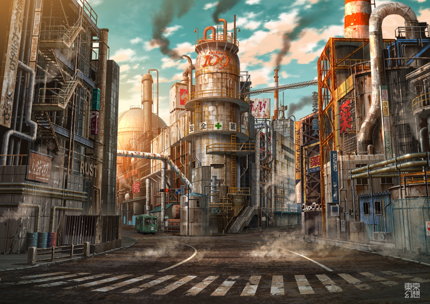 2019 artist_name building city cityscape cloud cloudy_sky commentary_request crosswalk day drum_(container) highres industrial motor_vehicle no_humans original outdoors real_world_location road scenery shibuya_(tokyo) shooting_star silo sky smoke steam streetcar sunlight tokyo_(city) tokyogenso urban