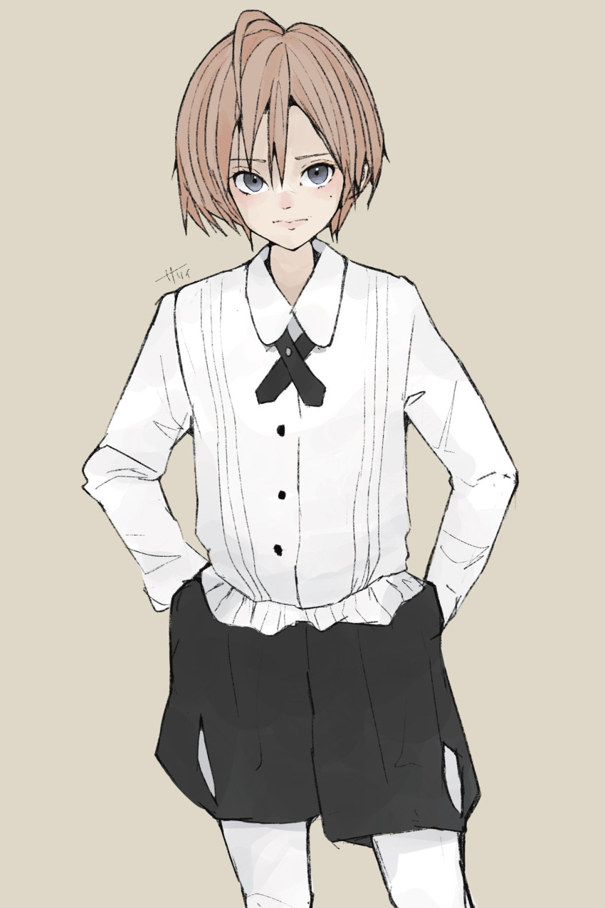 1girl ahoge artist_name awatsu_mai black_shorts brown_background brown_hair buttons closed_mouth clothing_cutout collared_shirt commentary_request cowboy_shot cross_tie grey_eyes hair_between_eyes hands_on_own_hips highres leg_cutout long_sleeves looking_at_viewer mole mole_under_eye pantyhose pantyhose_under_shorts real_life sally_(allogkk) shirt short_hair shorts simple_background solo standing voice_actor white_pantyhose white_shirt