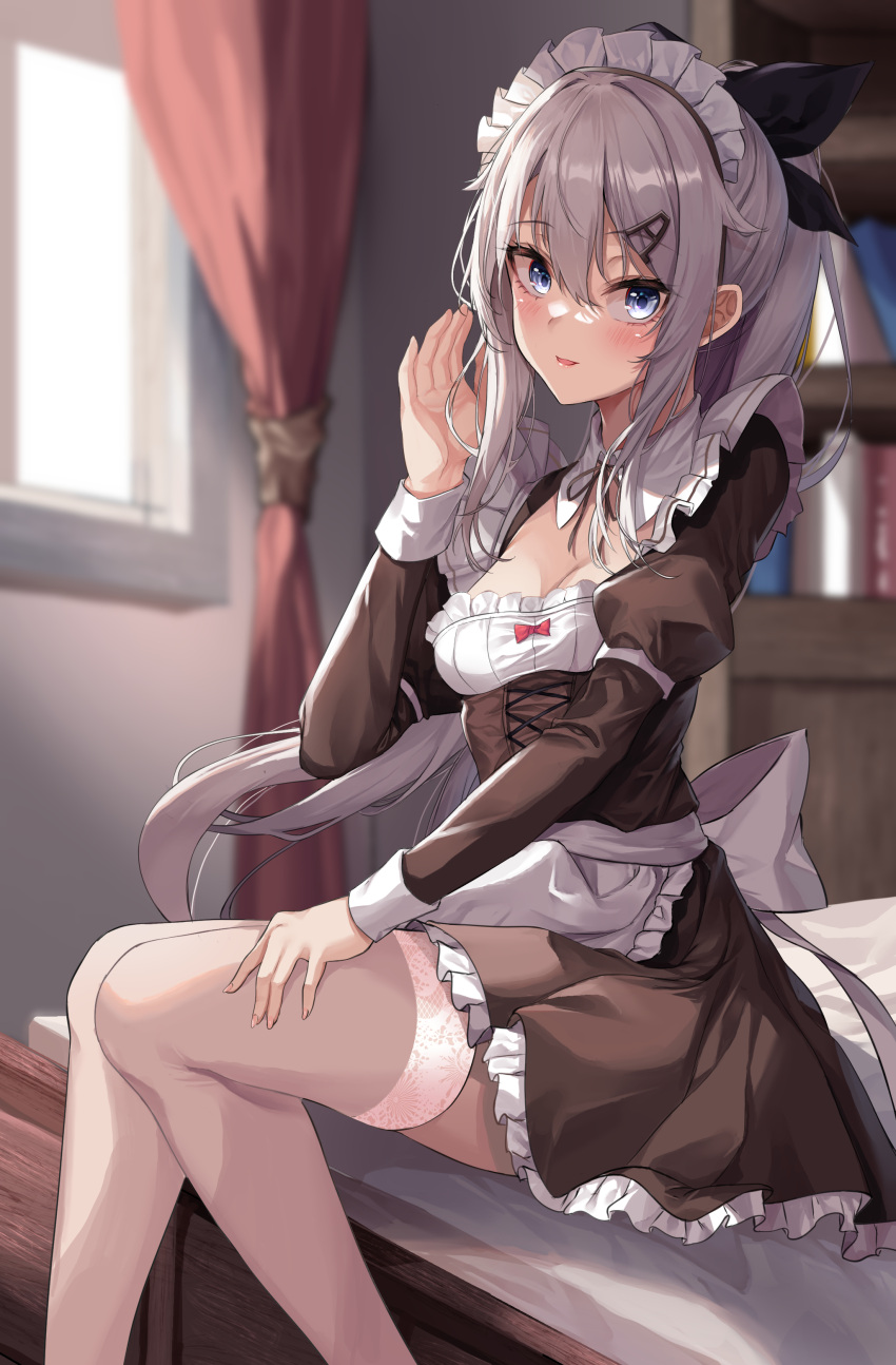 1girl 9a-91_(bullets_cafe)_(girls'_frontline) 9a-91_(girls'_frontline) absurdres apron blue_eyes girls'_frontline grey_hair hair_ornament hairpin highres long_hair looking_at_viewer maid maid_apron maid_headdress official_alternate_costume ponytail so_myeolchi solo thighhighs thighs white_thighhighs
