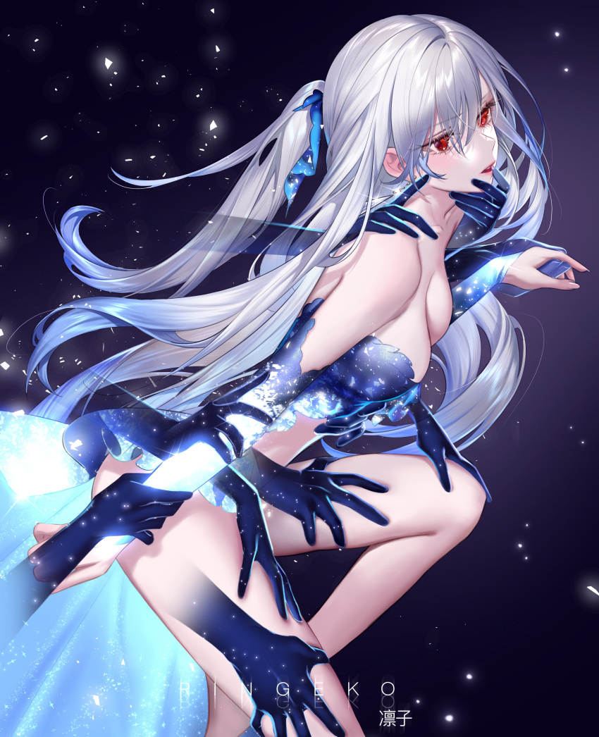 1girl absurdres arm_grab artist_name bare_legs bare_shoulders blue_skirt breasts crop_top disembodied_limb earrings from_side grabbing_another's_chin grey_hair hair_between_eyes half_updo hand_on_another's_chin hand_on_another's_knee hand_on_another's_shoulder hand_on_another's_thigh highres honkai:_star_rail honkai_(series) jewelry jingliu_(honkai:_star_rail) large_breasts long_hair parted_lips red_eyes ringeko-chan skirt solo_focus very_long_hair