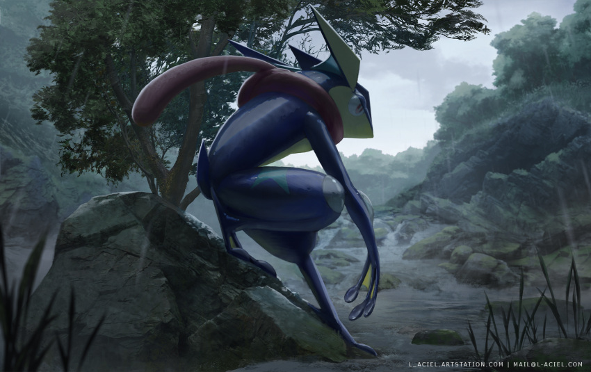 commentary_request email_address from_side greninja highres l_aciel outdoors pokemon pokemon_(creature) rain rock solo squatting tree water watermark web_address