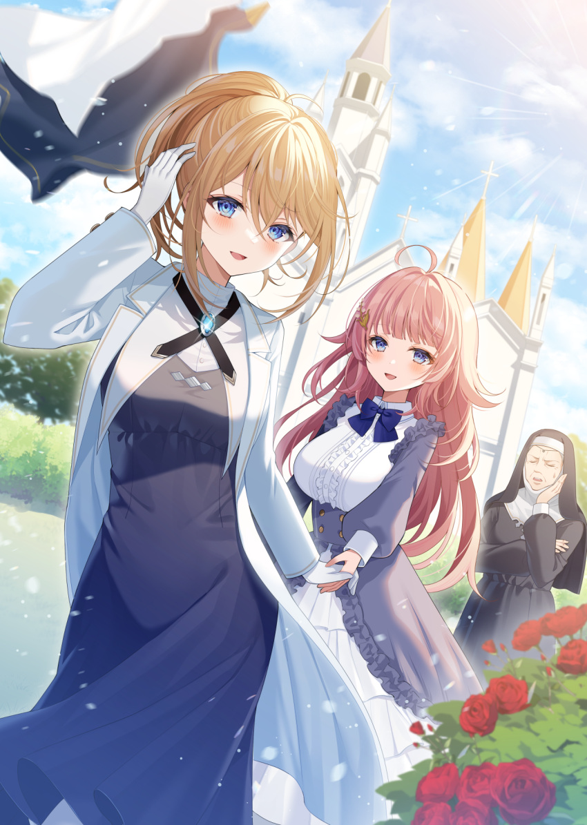 3girls :d black_dress black_skirt blonde_hair blue_eyes blue_sky blush breasts brown_hair center_frills church closed_eyes cloud cloudy_sky commentary_request commission copyright_request cross day dress flower frills gloves habit highres holding_hands jacket large_breasts latin_cross long_hair long_sleeves multiple_girls myusha nun open_clothes open_jacket outdoors ponytail puffy_long_sleeves puffy_sleeves red_flower red_rose rose rose_bush shirt skirt sky small_breasts smile tower very_long_hair white_gloves white_jacket white_shirt white_skirt