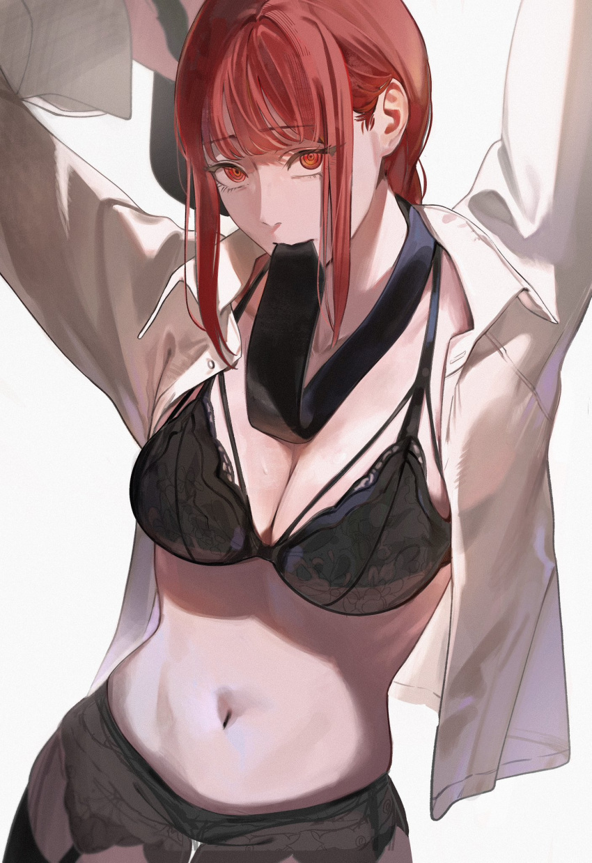 1girl arms_up black_bra bra breasts chainsaw_man cleavage commentary cowboy_shot dress_shirt dressing garter_belt highres lace lace_bra large_breasts looking_at_viewer makima_(chainsaw_man) mouth_hold navel necktie necktie_in_mouth open_clothes open_shirt red_hair ringed_eyes shirt sidelocks simple_background solo stomach tying_necktie underwear white_background white_shirt yode