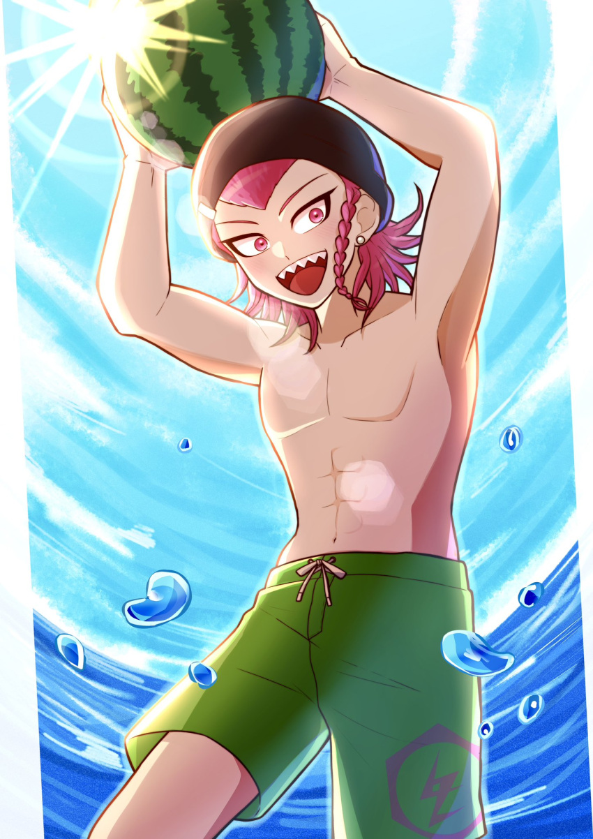 1boy :d abs arms_up black_headwear braid collarbone danganronpa_(series) danganronpa_2:_goodbye_despair day food fruit green_male_swimwear highres holding holding_food holding_fruit kirin_(suzoke_1) male_focus male_swimwear outdoors pink_hair sharp_teeth side_braid smile soda_kazuichi solo teeth topless upper_teeth_only water watermelon