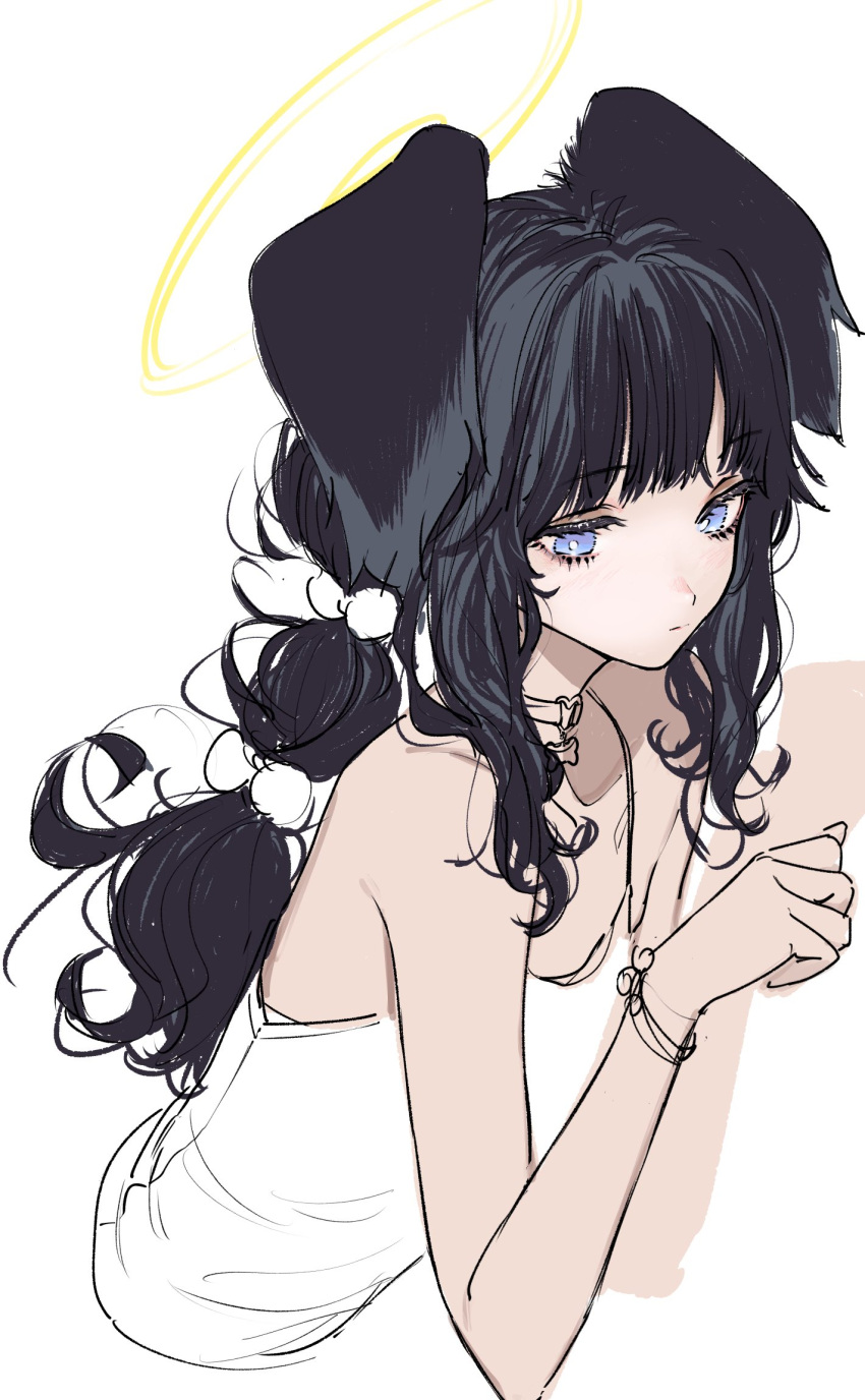 1girl animal_ears black_hair blue_archive blue_eyes camisole closed_eyes closed_mouth cropped_torso dog_ears dog_girl hair_ornament halo hibiki_(blue_archive) highres long_hair pom_pom_(clothes) pom_pom_hair_ornament ponytail s2j00 sidelocks simple_background sketch solo unfinished upper_body white_camisole