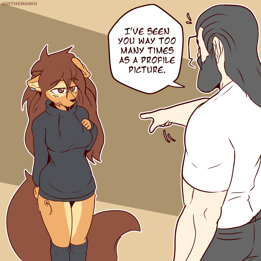 1:1 2023 absurd_res anthro apogee_(tinygaypirate) artist_name breasts canid canine canis clothed clothing dialogue digital_media_(artwork) domestic_dog duo english_text female female_anthro fur gesture hair hi_res hoodie human kemono knee_highs legwear looking_at_another male mammal pantsless piercing pointing pointing_at_another speech_bubble spitz tattoo text the_man the_man_(character) topwear