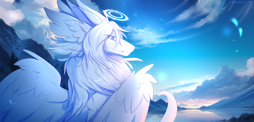 absurd_res artist_name bloominglynx blue_sclera blue_sky cloud feathered_wings feathers female feral glistening glistening_eyes hair hi_res lake looking_at_viewer mouth_closed narrowed_eyes outside sky solo star white_body white_eyes white_hair white_wings wings