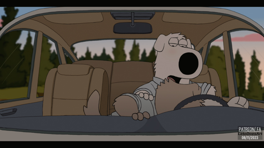 2023 ambiguous_gender animated anthro black_nose brian_griffin brown_body brown_fur canid canine canis car_sex domestic_dog duo family_guy fellatio fur hi_res implied_oral letodoesart male male/ambiguous male/male male_(lore) mammal new_brian open_mouth oral penile sex sitting tongue white_body white_fur
