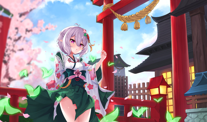 1girl 2drr antenna_hair blue_sky blurry blurry_background bow braid breasts building cherry_blossom_print cherry_blossoms cloud commentary day depth_of_field elf floral_print flower green_bow green_hakama green_kimono grey_hair hair_between_eyes hakama hakama_skirt hand_up highres japanese_clothes kimono kokkoro_(new_year)_(princess_connect!) kokkoro_(princess_connect!) long_sleeves looking_away miko outdoors parted_lips petals pink_flower pointy_ears princess_connect! print_kimono purple_eyes railing revision rope shimenawa short_hair skirt sky small_breasts solo torii two-tone_kimono white_kimono wide_sleeves