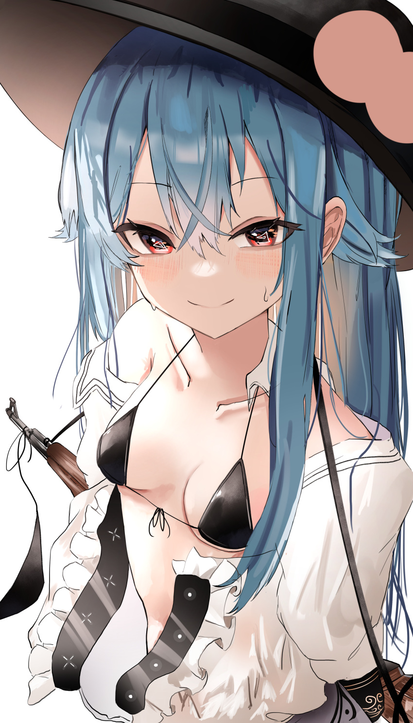 1girl absurdres bikini black_bikini black_headwear blue_hair blush breasts closed_mouth collarbone hair_between_eyes hat highres hinanawi_tenshi long_hair looking_at_viewer ougiikun red_eyes shirt short_sleeves simple_background small_breasts solo swimsuit touhou upper_body white_background white_shirt