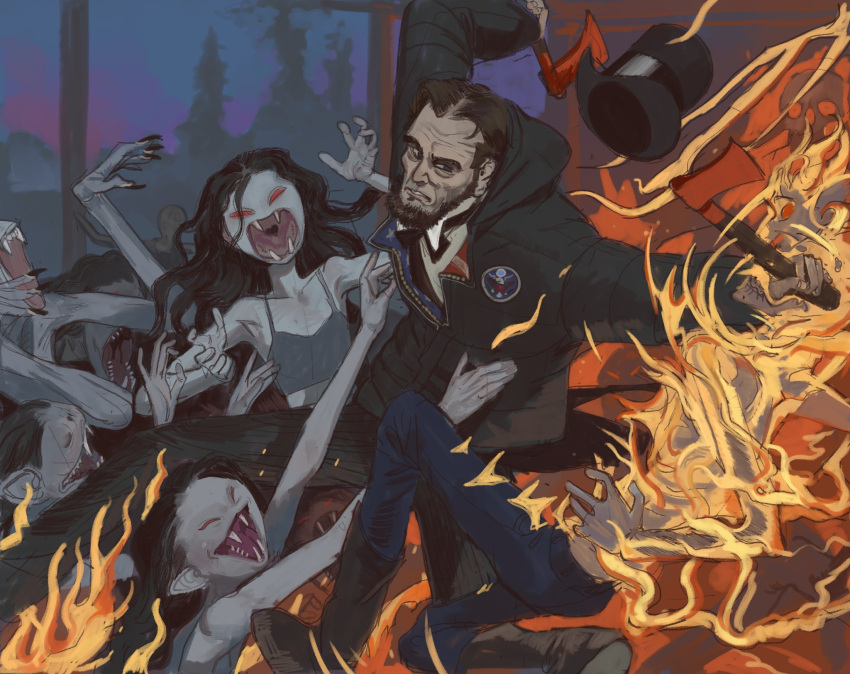 1boy abraham_lincoln axe beard black_hair burning clone facial_hair fangs fire hat highres holding holding_axe long_hair marceline_abadeer mossacannibalis open_mouth skull teeth top_hat vampire