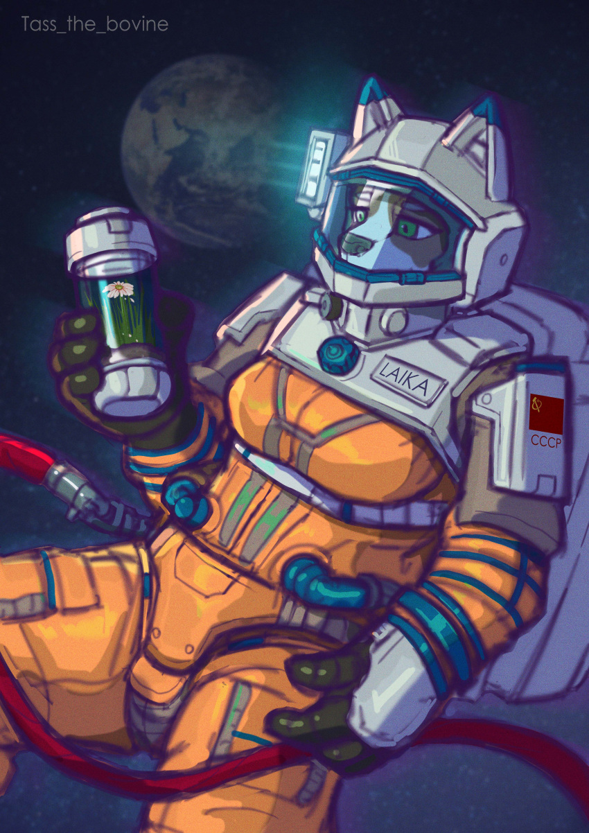 absurd_res anthro astronaut canid canine canis character_laika clothed clothing digital_media_(artwork) domestic_dog earth female hi_res male mammal planet solo space star tass_the_bovine