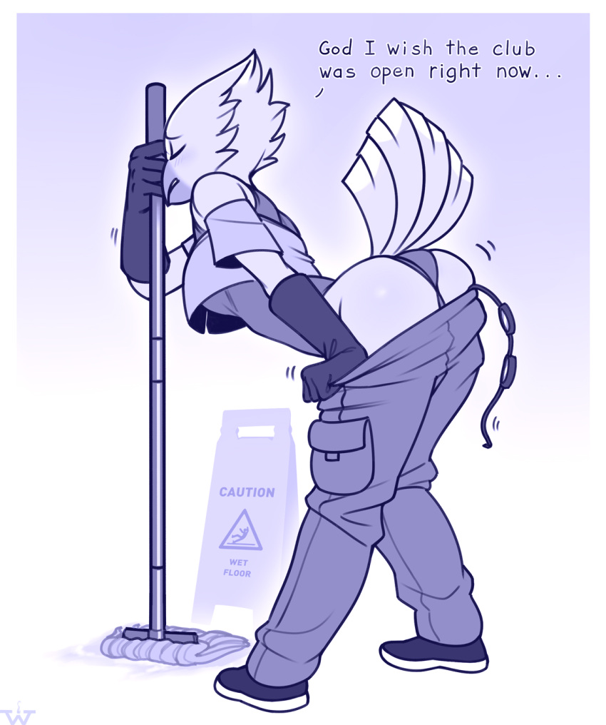 anthro avian beak bent_over bird bottomwear bottomwear_down butt cleaning_tool clothed clothing dialogue eyes_closed feathers female gloves handwear hi_res monochrome mop panties pants pants_down partially_clothed shirt solo tail_feathers topwear underwear undressing wet_floor_sign wick_(artist)