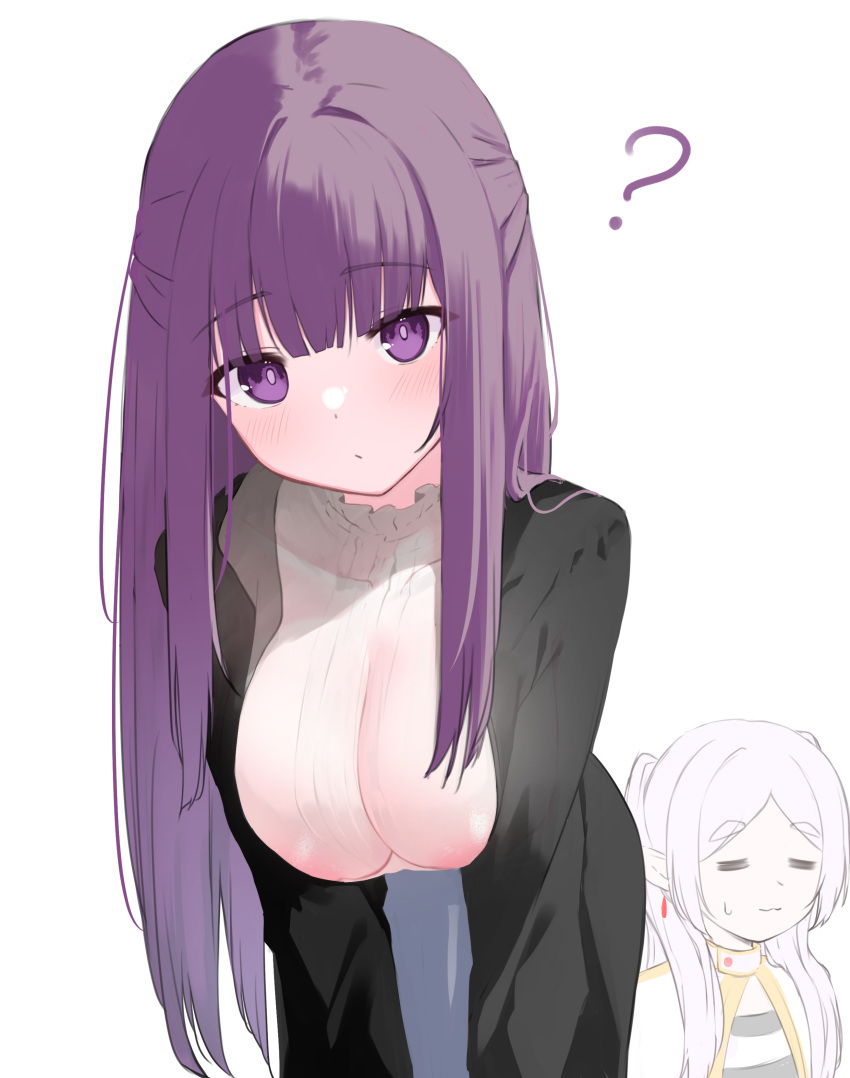 2girls =_= ? absurdres black_robe breasts capelet closed_eyes closed_mouth commentary_request dress earrings elf fern_(sousou_no_frieren) frieren grey_hair highres jewelry large_breasts long_hair looking_at_viewer memekko multiple_girls open_clothes open_robe parted_bangs pointy_ears purple_eyes purple_hair robe see-through shirt short_eyebrows simple_background sousou_no_frieren striped striped_shirt thick_eyebrows twintails very_long_hair white_background white_dress