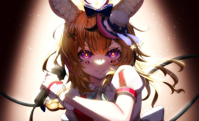 1girl animal_ear_fluff animal_ears blonde_hair blue_bow blue_bowtie bow bowtie braid commentary determined english_commentary facial_mark fox_ears gloves hair_between_eyes hair_over_shoulder hat highres holding holding_microphone hololive hololive_idol_uniform_(bright) jacket light_particles long_hair looking_at_viewer microphone mini_hat mini_top_hat multicolored_hair omaru_polka pink_hair puffy_short_sleeves puffy_sleeves purple_eyes serious short_sleeves side_braid single_braid solo star-shaped_pupils star_(symbol) streaked_hair symbol-shaped_pupils takotobuta top_hat upper_body v-shaped_eyebrows virtual_youtuber white_gloves white_jacket wrist_cuffs