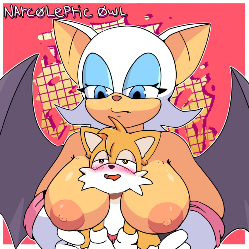 age_difference anthro bat bat_wings blush bodily_fluids canid canine drooling duo female fox hi_res holding_partner larger_female makeup male male/female mammal membrane_(anatomy) membranous_wings miles_prower narcolepticowl nipples older_female rouge_the_bat saliva sega size_difference sonic_the_hedgehog_(series) spread_wings wings younger_male