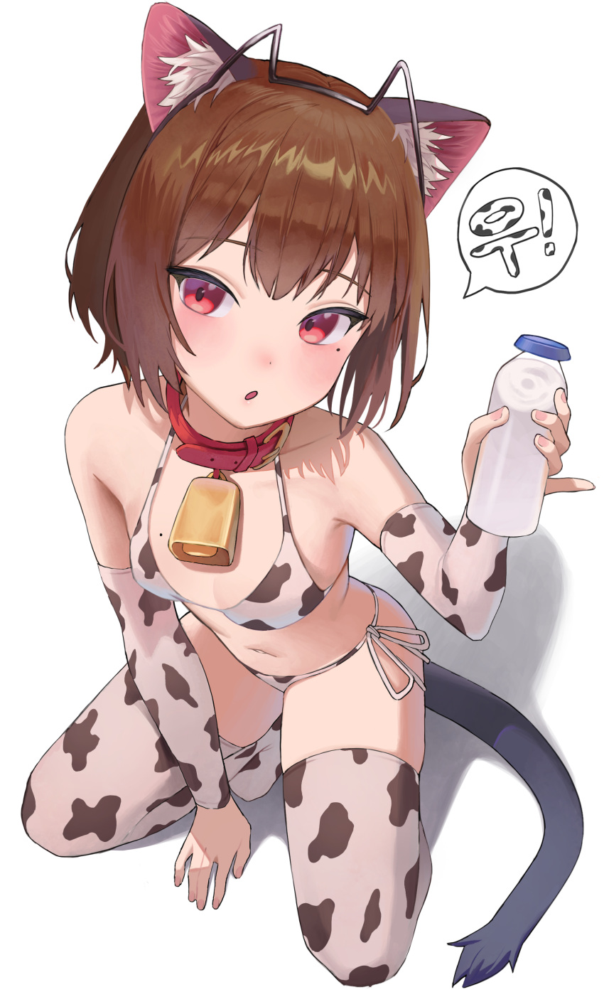 1girl absurdres animal_collar animal_print bell bikini blush bottle breasts brown_hair collar commentary_request cow_print cow_print_bikini cow_print_thighhighs cowbell from_above full_body highres holding holding_bottle korean_commentary looking_at_viewer medium_hair merong_(sou47897) milk_bottle mole mole_on_breast mole_under_eye navel neck_bell no_shoes original print_bikini prunechi red_collar red_eyes shadow side-tie_bikini_bottom simple_background small_breasts solo squatting stomach swimsuit tail thighhighs translation_request white_background white_bikini white_thighhighs