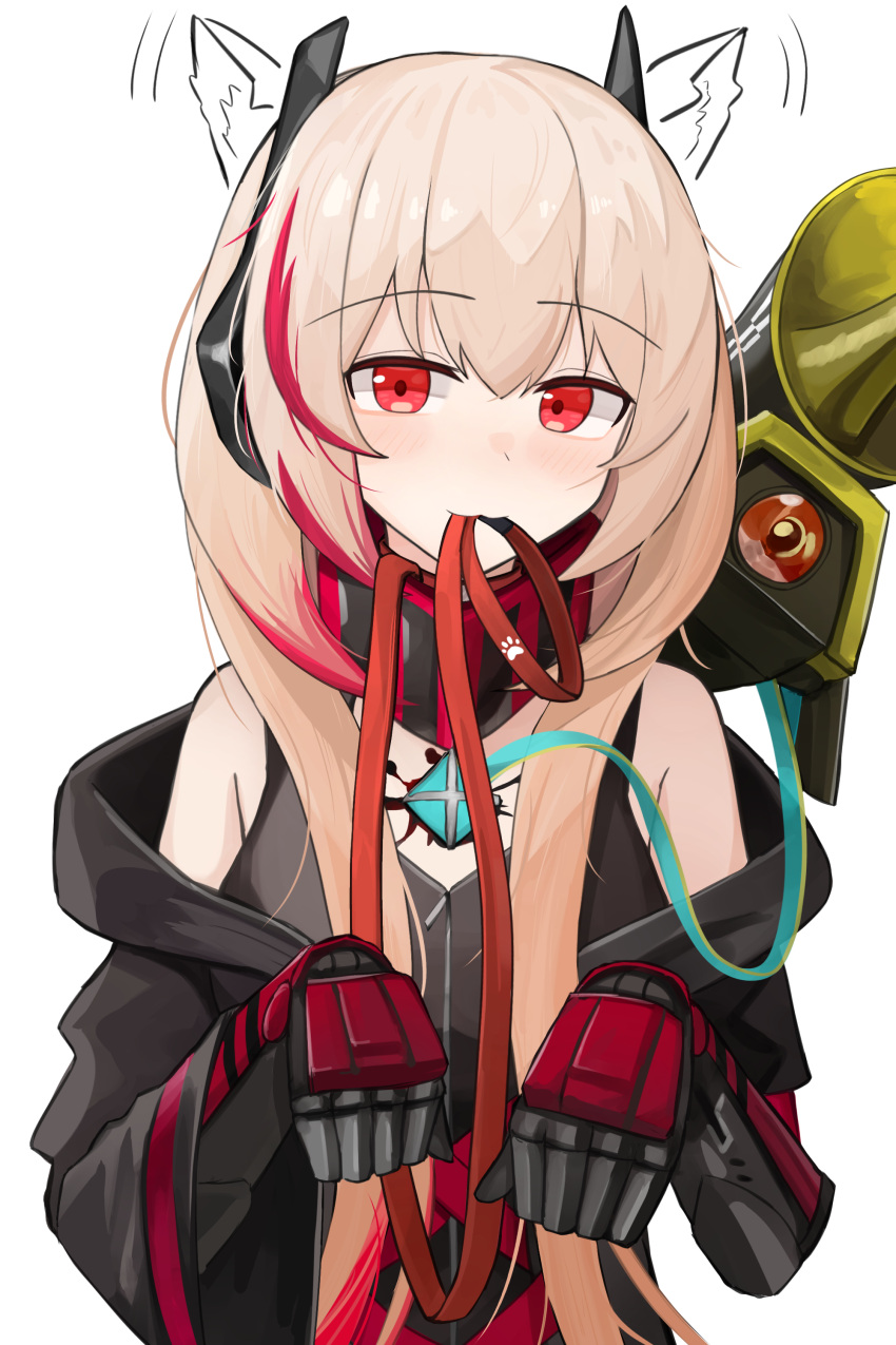 1girl absurdres animal_ear_fluff animal_ears bare_shoulders black_jacket closed_mouth commission dinergate_(girls'_frontline) drawn_ears gamryous girls'_frontline hair_between_eyes highres hood hood_down hooded_jacket jacket leash leash_in_mouth light_brown_hair looking_at_viewer m4_sopmod_ii_(girls'_frontline) m4_sopmod_ii_(mod3)_(girls'_frontline) mouth_hold multicolored_hair off_shoulder open_clothes open_jacket red_eyes red_hair simple_background streaked_hair upper_body white_background