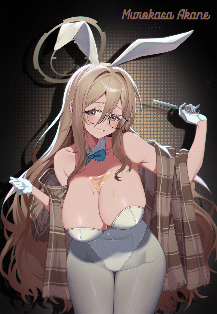 1girl absurdres akane_(blue_archive) akane_(bunny)_(blue_archive) animal_ears aqua_bow aqua_bowtie bare_shoulders big_hair blue_archive bow bowtie breasts brown_background brown_eyes brown_shawl bust_cup champagne_flute character_name collarbone covered_navel cowboy_shot cup detached_collar drinking_glass dripping fake_animal_ears glasses gloves grin halo highleg highleg_leotard highres large_breasts leaning_forward leotard long_hair looking_at_viewer official_alternate_costume pantyhose plaid_shawl playboy_bunny rabbit_ears seoki_(hi3031) shawl smile solo strapless strapless_leotard traditional_bowtie very_long_hair white_gloves white_leotard white_pantyhose