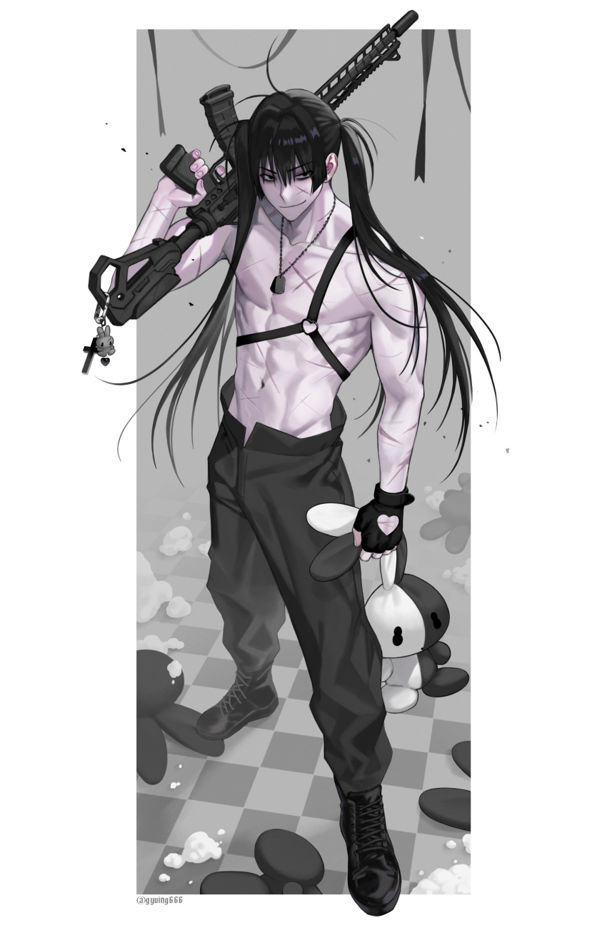 1boy abs absurdres black_hair black_pants boots closed_mouth gun gyuing666 highres holding holding_gun holding_stuffed_toy holding_weapon jewelry long_hair male_focus muscular muscular_male navel necklace original pants pectorals scar scar_on_cheek scar_on_face smile solo stuffed_animal stuffed_toy topless_male twintails weapon