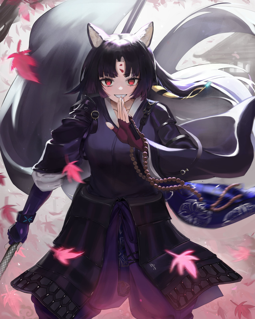 1girl absurdres animal_ear_fluff animal_ears arknights autumn_leaves bead_bracelet beads black_hair bracelet breasts collarbone commentary_request dog_ears facial_mark fingerless_gloves floating_hair forehead_mark gloves grin hakama hakama_pants highres holding japanese_clothes jewelry kimono long_hair long_sleeves looking_at_viewer medium_breasts pants parted_bangs purple_gloves purple_hair purple_hakama purple_kimono red_eyes saga_(arknights) smile solo standing subu_art very_long_hair wide_sleeves